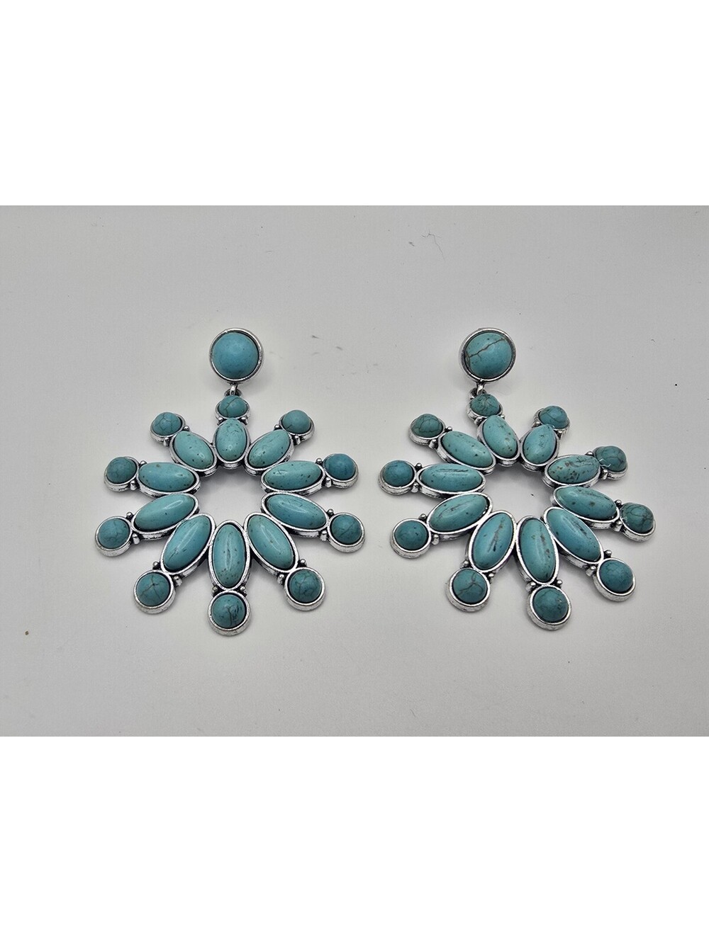 Large Faux Turquoise Cluster Statement Earrings Silver Tone Starburst Western